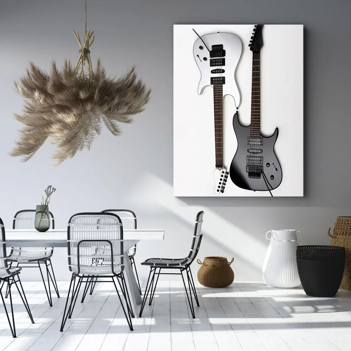 Bild auf Leinwand - Leinwandbild - Zwei E-Gitarren in Schwarz und Weiß auf hellem Hintergrund. - 50x70cm - Harmonie der Formen - Moderne Wanddekoration für Wohnzimmer und Schlafzimmer ARTTOR