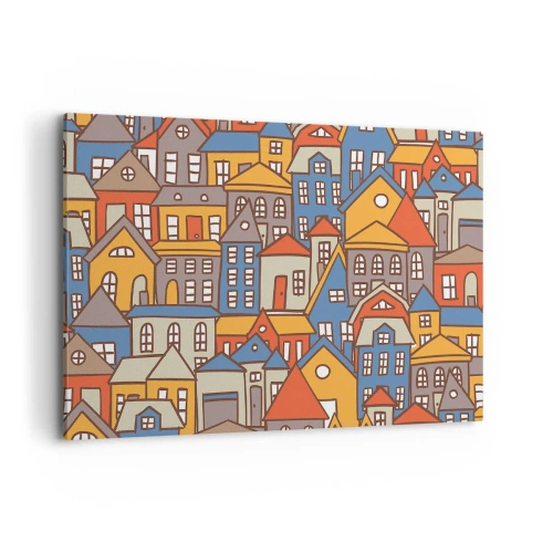 Bild auf Leinwand - Leinwandbild - Bunte Häuser im grafischen Stil auf hellem Hintergrund - 120x80cm - Hinter dem Haus ist das Haus - Moderne Wanddekoration für Wohnzimmer und Schlafzimmer ARTTOR