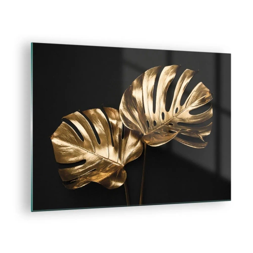 Glasbild - Bild auf glas - Goldene Monstera-Blätter auf schwarzem Hintergrund - 70x50cm - Die Schätze der Natur - Moderne Wanddekoration für Wohnzimmer und Schlafzimmer ARTTOR
