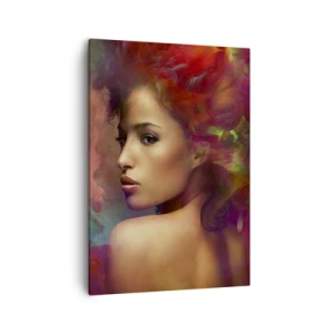 Bild auf Leinwand - Leinwandbild - Eine Frau mit bunten Reflexionen, die einen abstrakten Hintergrund erzeugen - 50x70cm - Schöner als ein Regenbogen, so zart wie ein Nebel - Moderne Wanddekoration für Wohnzimmer und Schlafzimmer ARTTOR