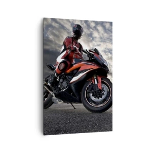 Bild auf Leinwand - Leinwandbild - Ein Motorradfahrer auf einem Sportmotorrad vor bewölktem Himmel - 80x120cm - Dunkler Reiter - Moderne Wanddekoration für Wohnzimmer und Schlafzimmer ARTTOR
