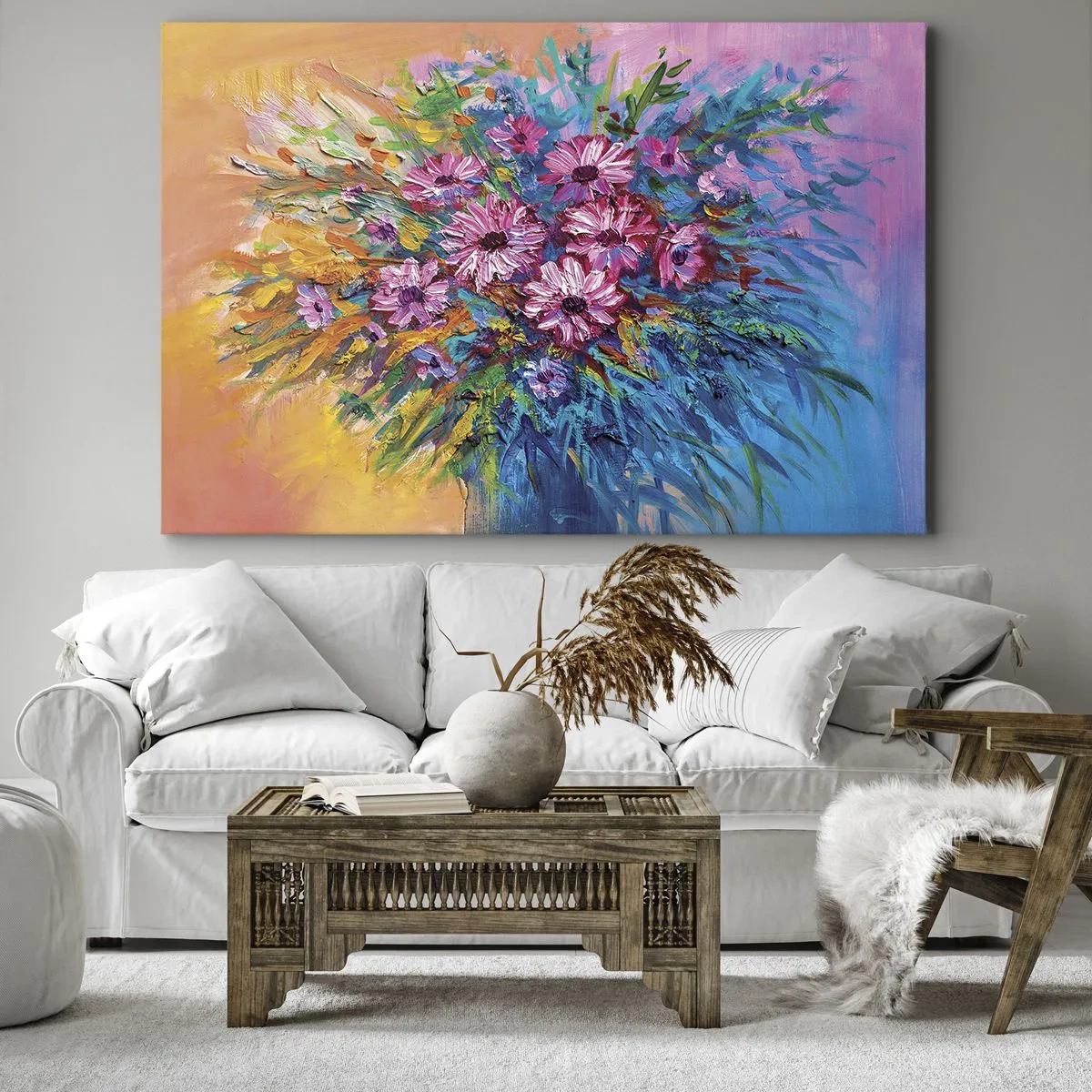 Bild auf Leinwand - Leinwandbild - Bunte Blumen in einem Strauß vor pastellfarbenem Hintergrund - 120x80cm - Lebensenergie - Moderne Wanddekoration für Wohnzimmer und Schlafzimmer ARTTOR