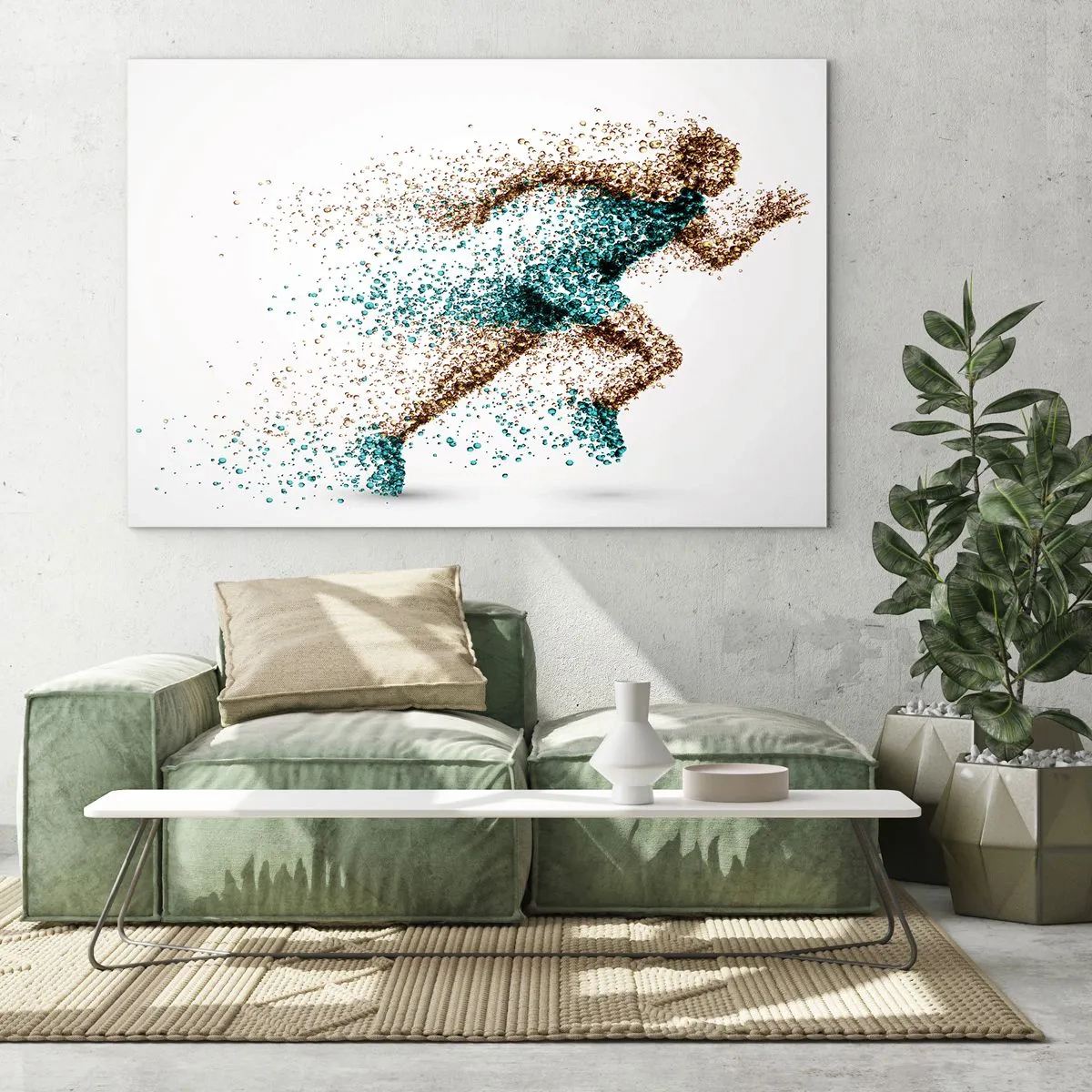 Glasbild - Bild auf glas - Eine Läuferfigur aus bunten Partikeln - 120x80cm - Das Leben ist ein Lauf - Moderne Wanddekoration für Wohnzimmer und Schlafzimmer ARTTOR