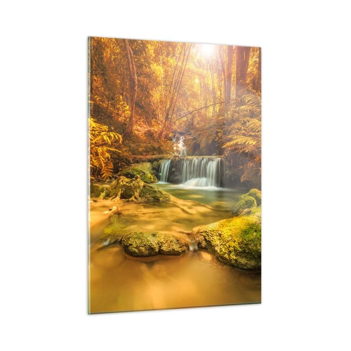 Glasbild - Bild auf glas - Waldkaskade in Gold - 50x70cm - Waldkaskade in Gold - Moderne Wanddekoration für Wohnzimmer und Schlafzimmer ARTTOR