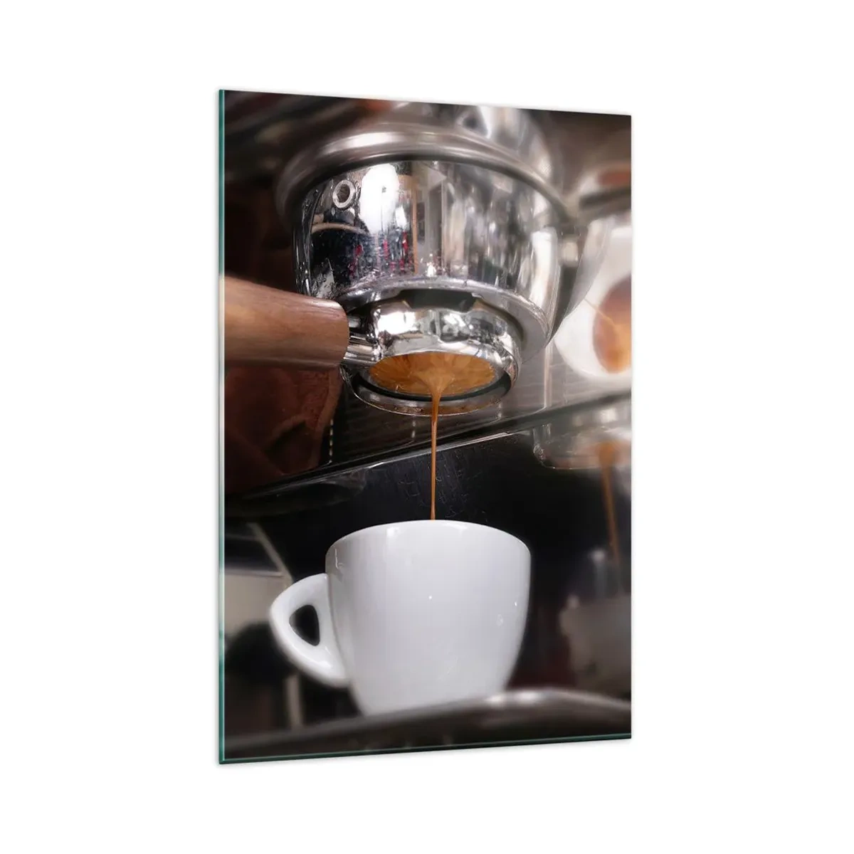 Glasbild - Bild auf glas - Nahaufnahme einer Kaffeemaschine, die einen frischen Espresso zubereitet - 80x120cm - Gute Zeit des Tages - Moderne Wanddekoration für Wohnzimmer und Schlafzimmer ARTTOR