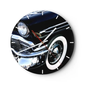 Wanduhr - Glasuhr - Ein glänzend schwarzes Retro-Auto im klassischen Stil - 30x30cm - Klassiker in Silber, Schwarz und Weiß - Moderne Wanddekoration für Wohnzimmer, Küche und Schlafzimmer ARTTOR
