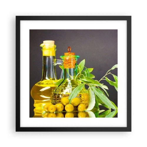 Poster in einem schwarzem Rahmen - Stillleben mit Oliven und Olivenöl - 40x40 cm