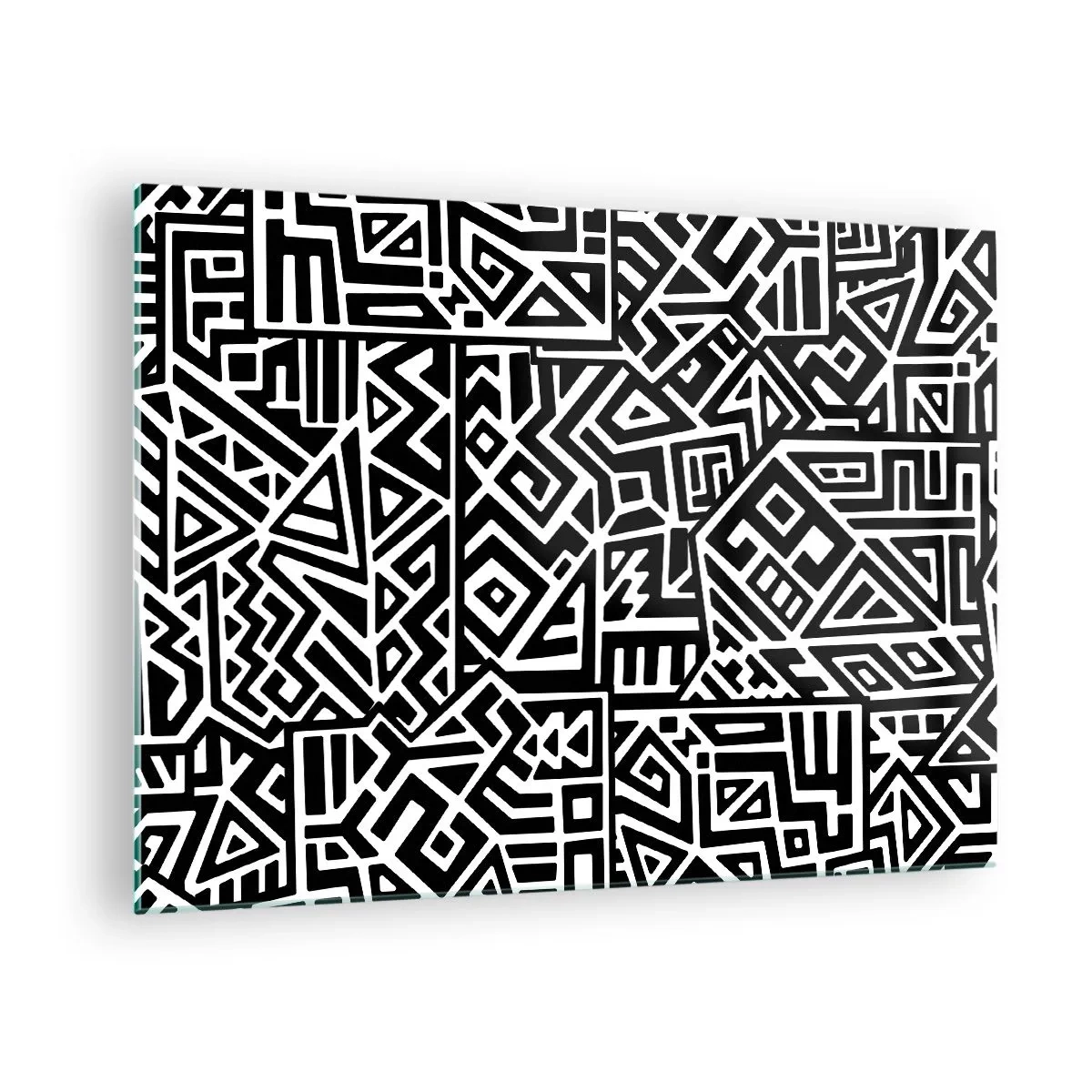 Glasbild - Bild auf glas - Schwarz-weißes Muster, inspiriert von Stammeskunst - 70x50cm - Präkolumbianische Komposition - Moderne Wanddekoration für Wohnzimmer und Schlafzimmer ARTTOR