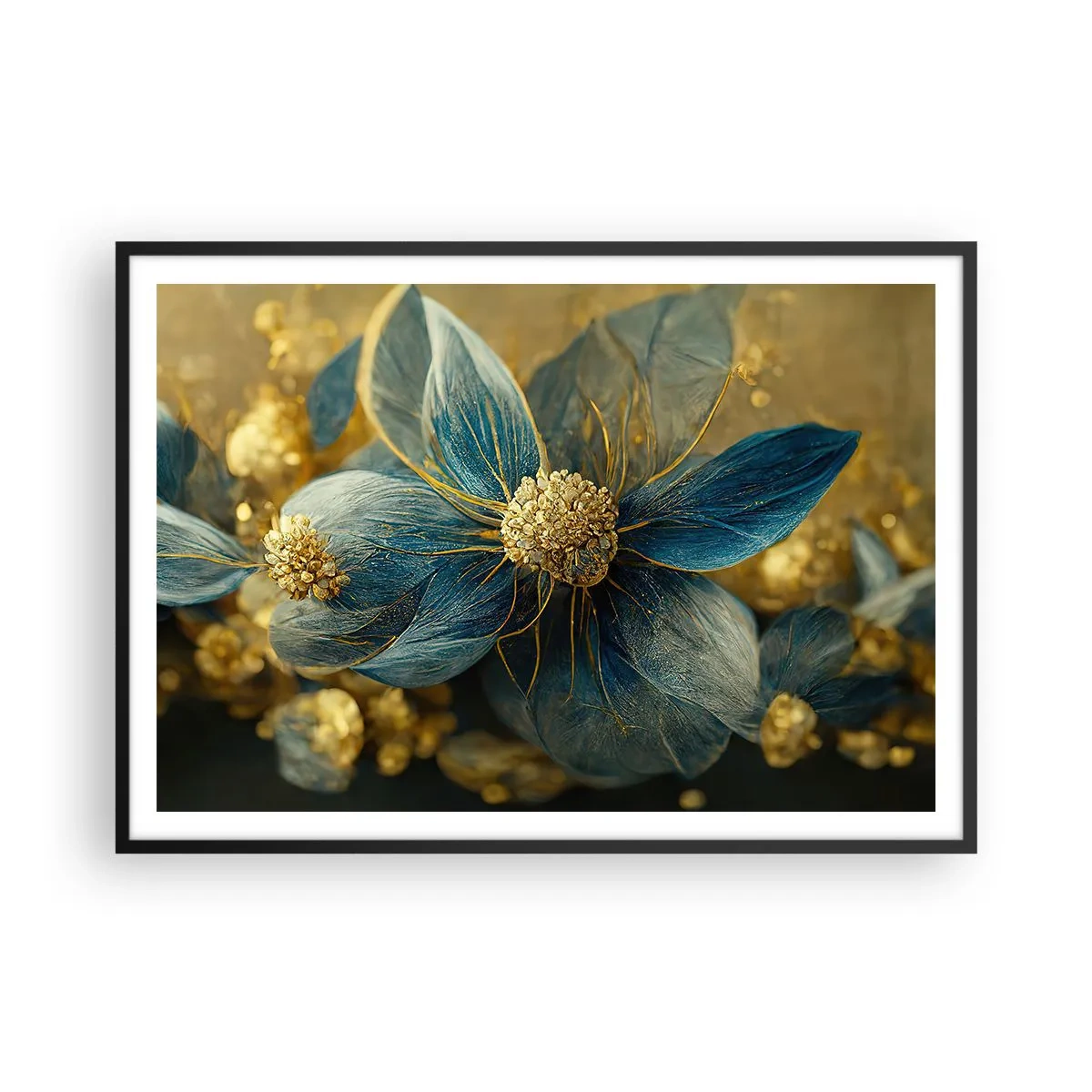 Poster in einem schwarzem Rahmen - Elegante Blumen in Blau- und Goldtönen - 100x70cm - Mit Gold blühen - Moderne Wanddekoration für Wohnzimmer und Schlafzimmer ARTTOR