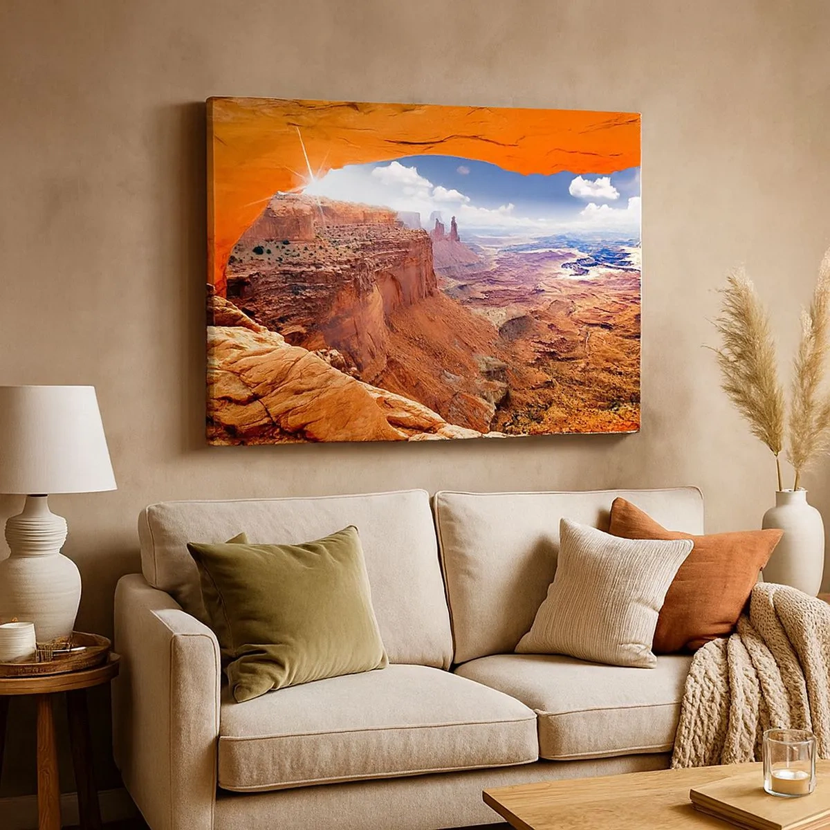 Bild auf Leinwand - Leinwandbild - Canyon durch ein Felsfenster mit warmen Felstönen gesehen - 70x50cm - Von der Natur selbst geschnitzt - Moderne Wanddekoration für Wohnzimmer und Schlafzimmer ARTTOR