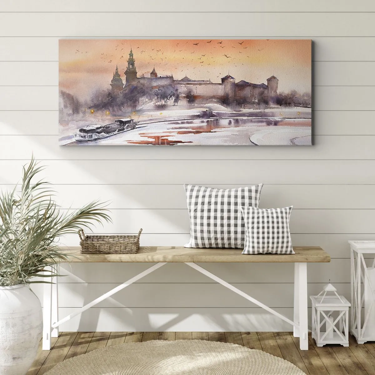 Bild auf Leinwand - Leinwandbild - Sonnenuntergang über dem Schloss in einer Winterlandschaft - 160x50cm - Königlicher Sonnenuntergang - Moderne Wanddekoration für Wohnzimmer und Schlafzimmer ARTTOR