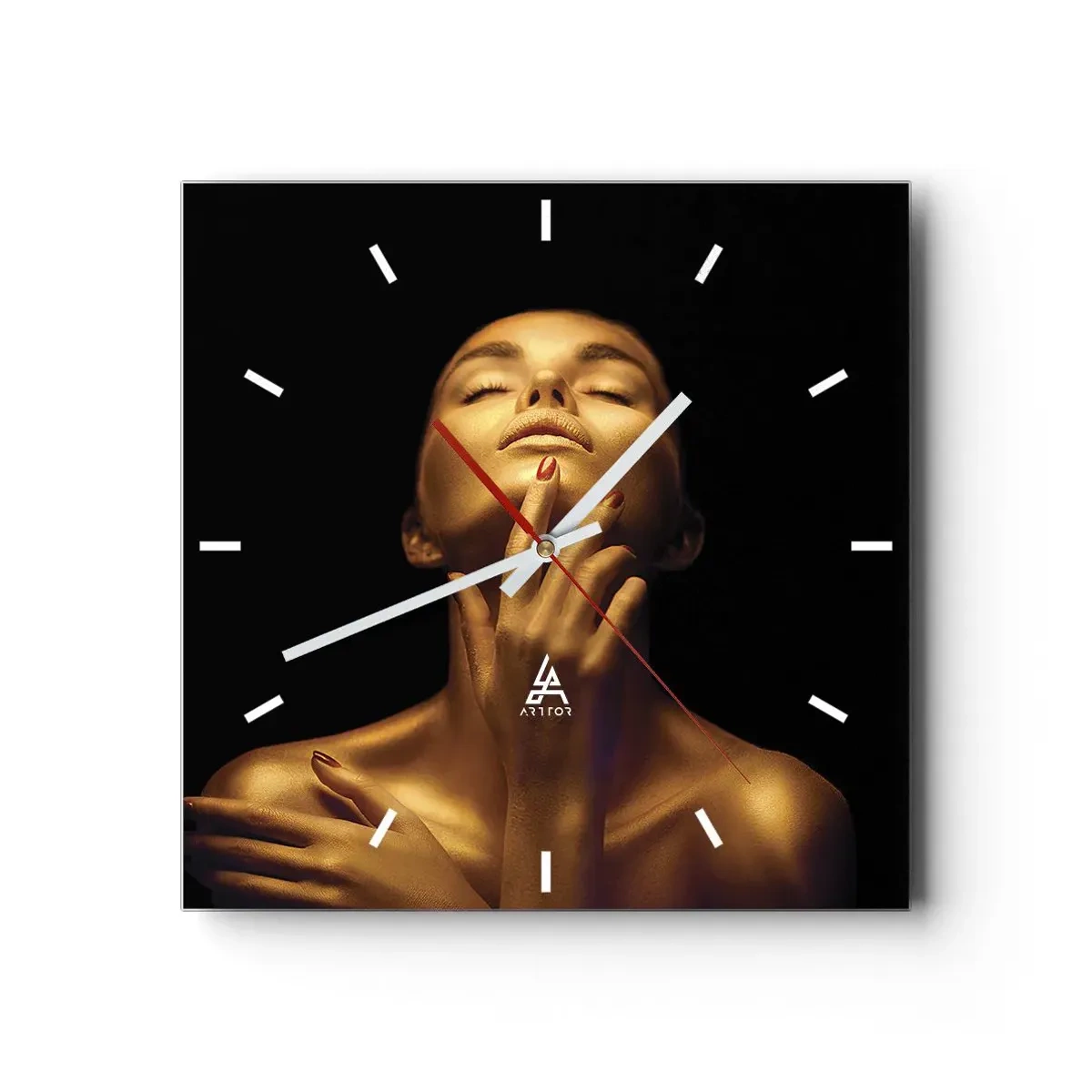 Wanduhr - Glasuhr - Porträt einer Frau in goldenem Glanz auf schwarzem Hintergrund - 30x30cm - Wie goldene Seide - Moderne Wanddekoration für Wohnzimmer und Schlafzimmer ARTTOR