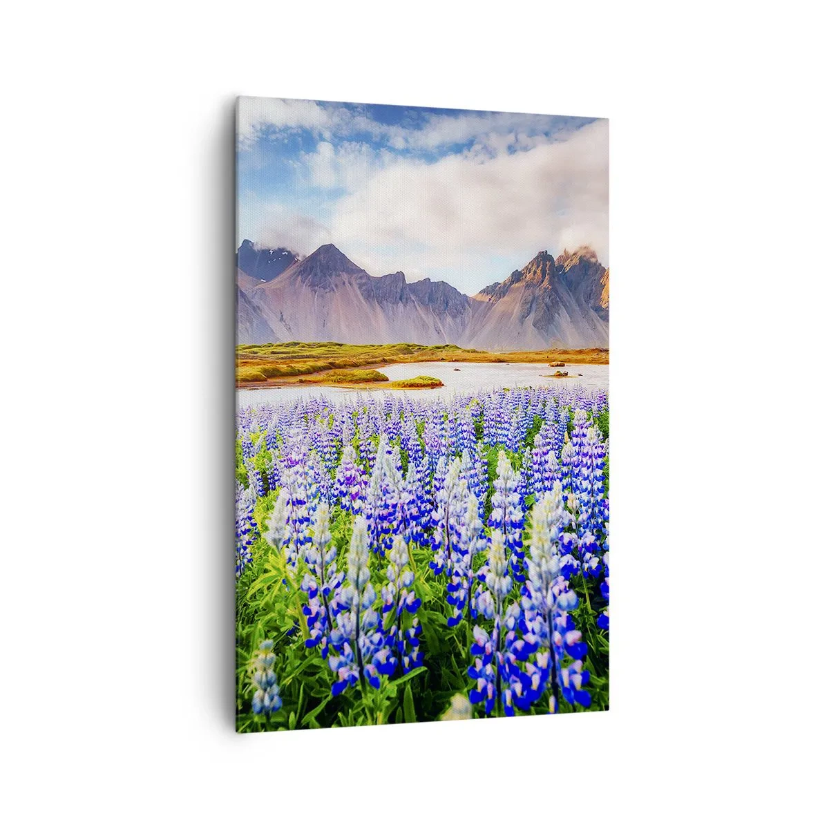 Bild auf Leinwand - Leinwandbild - Blumen in einer Berglandschaft mit malerischem Himmel - 80x120cm - Kraft und Strenge neben Sanftmut - Moderne Wanddekoration für Wohnzimmer und Schlafzimmer ARTTOR