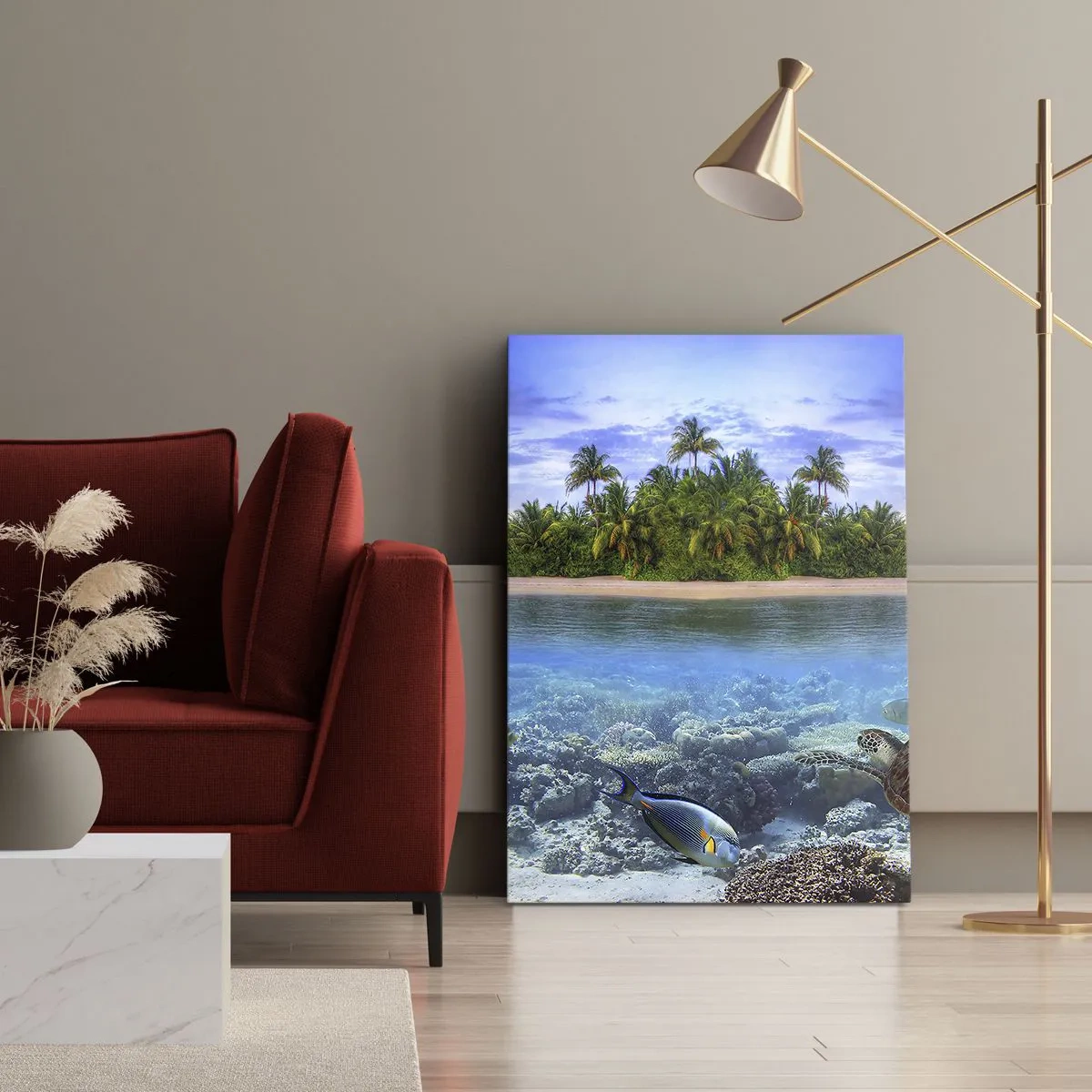 Bild auf Leinwand - Leinwandbild - Eine tropische Insel, umgeben von einem türkisfarbenen Ozean mit einem Korallenriff und Fischen. - 50x70cm - Heavenly Island lädt dich ein - Moderne Wanddekoration für Wohnzimmer und Schlafzimmer ARTTOR