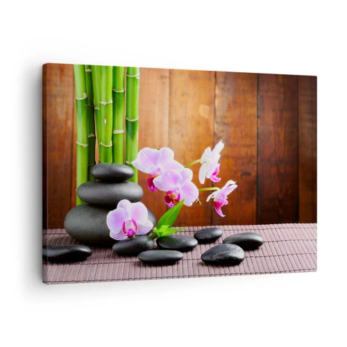 Bild auf Leinwand - Leinwandbild - Bambus, Steine und rosa Orchideen im Zen-Stil auf Holzhintergrund - 70x50cm - Treffen Sie die Freuden des Ostens - Moderne Wanddekoration für Wohnzimmer und Schlafzimmer ARTTOR