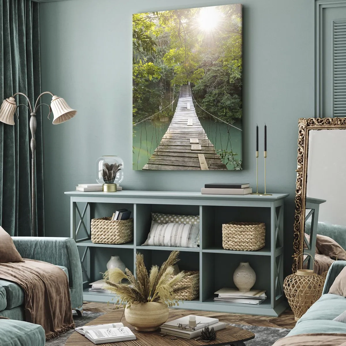 Bild auf Leinwand - Leinwandbild - Über das azurblaue Wasser zum azurblauen Wald - 55x100 cm