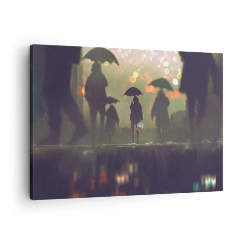 Bild auf Leinwand - Leinwandbild - Eine Figur mit einem Regenschirm an einem regnerischen Abend zwischen den Lichtern der Stadt - 70x50cm - Aus der Perspektive eines Regentropfens - Moderne Wanddekoration für Wohnzimmer und Schlafzimmer ARTTOR