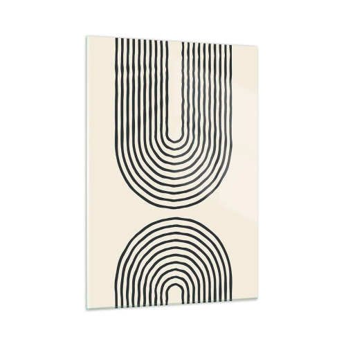 Glasbild - Bild auf glas - Ein abstraktes Gemälde in Schwarzweiß, das bogenförmige Linien darstellt. - 50x70cm - In einem Moment ... - Moderne Wanddekoration für Wohnzimmer und Schlafzimmer ARTTOR