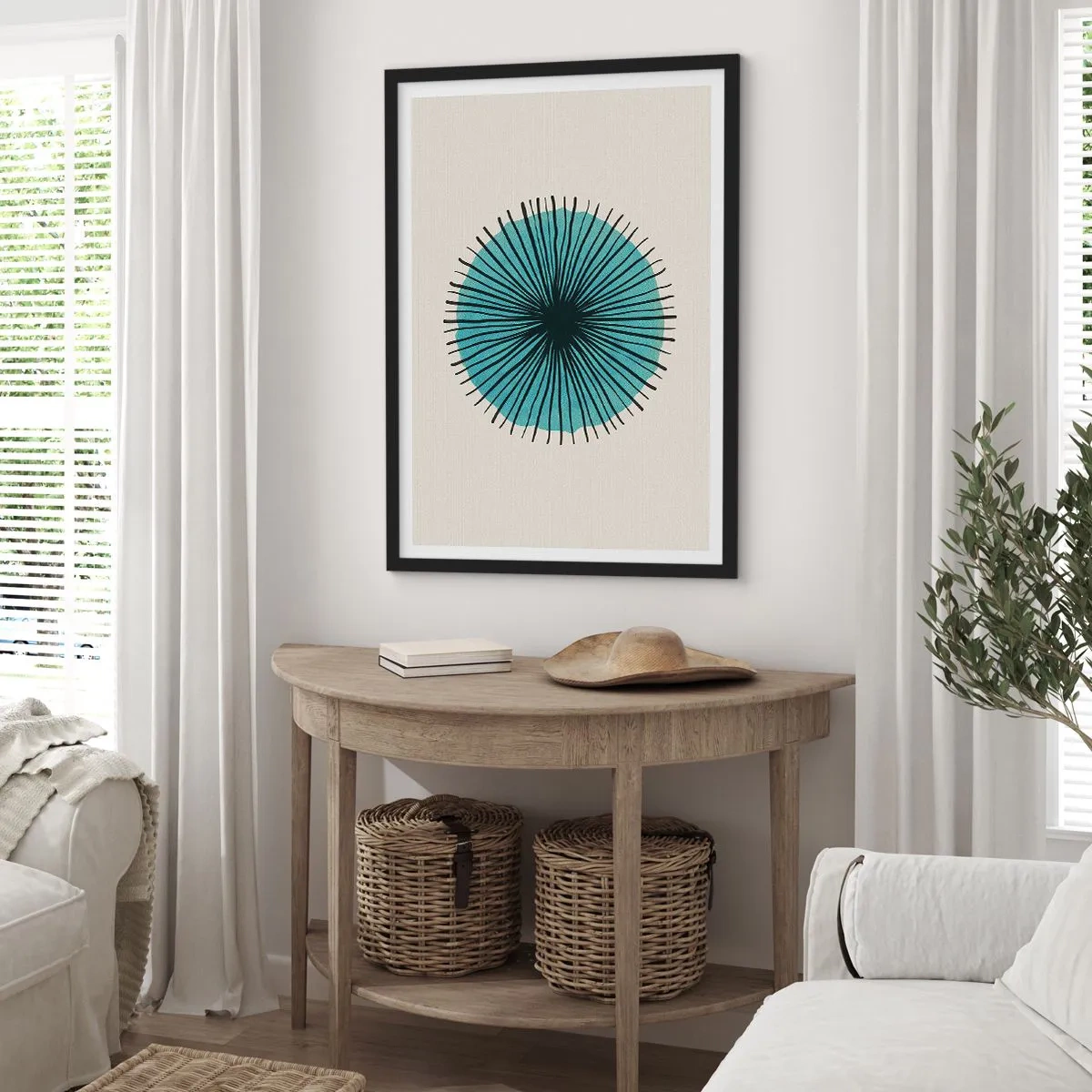 Poster in einem schwarzem Rahmen - Geometrisches Muster in Form eines radialen Kreises - 50x70cm - Strahlend im Blau - Moderne Wanddekoration für Wohnzimmer und Schlafzimmer ARTTOR