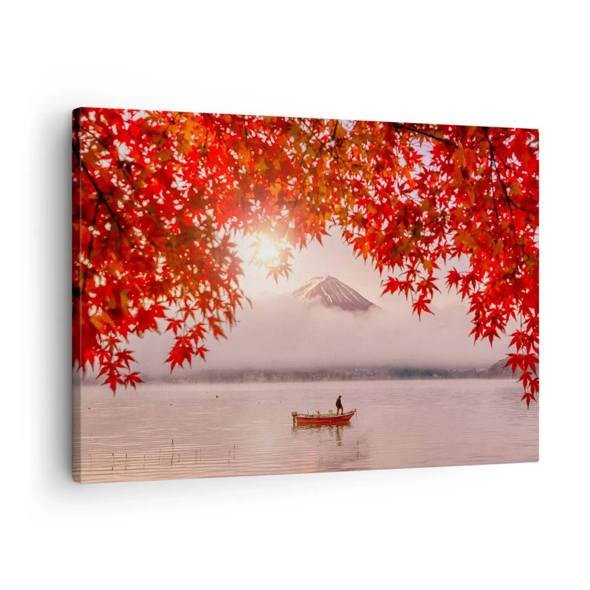 Bild auf Leinwand - Leinwandbild - Ein Boot auf einem See, umgeben von roten Ahornblättern - 70x50cm - Im japanischen Klima - Moderne Wanddekoration für Wohnzimmer und Schlafzimmer ARTTOR