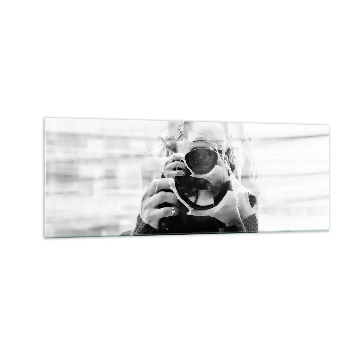 Glasbild - Bild auf glas - Schwarz-Weiß-Doppelbelichtungsporträt eines Fotografen - 140x50cm - Schöpfer und Material - Moderne Wanddekoration für Wohnzimmer und Schlafzimmer ARTTOR