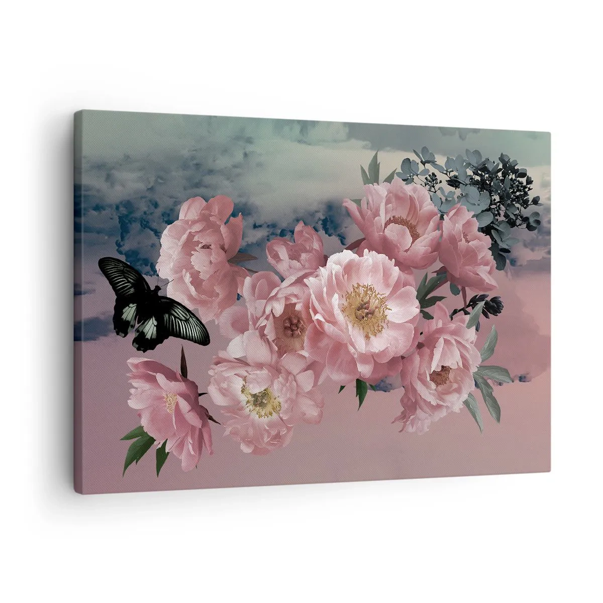 Bild auf Leinwand - Leinwandbild - Rosa Pfingstrosen mit einem Schmetterling auf pastellfarbenem Hintergrund - 70x50cm - Der Höhepunkt der Romantik - Moderne Wanddekoration für Wohnzimmer und Schlafzimmer ARTTOR