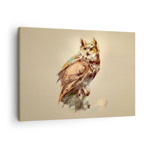Bild auf Leinwand - Leinwandbild - Künstlerisches Porträt einer Eule vor hellem Hintergrund in warmen Farbtönen. - 70x50cm - Die klügste Eule - bestätigt den Eichenwald - Moderne Wanddekoration für Wohnzimmer und Schlafzimmer ARTTOR