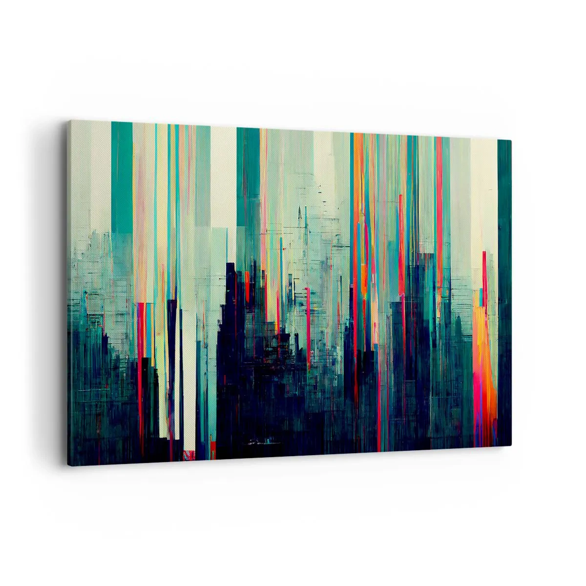 Bild auf Leinwand - Leinwandbild - Abstraktion mit vertikalen Linien und einer Stadtsilhouette - 120x80cm - Futuristische Stadt - Moderne Wanddekoration für Wohnzimmer und Schlafzimmer ARTTOR