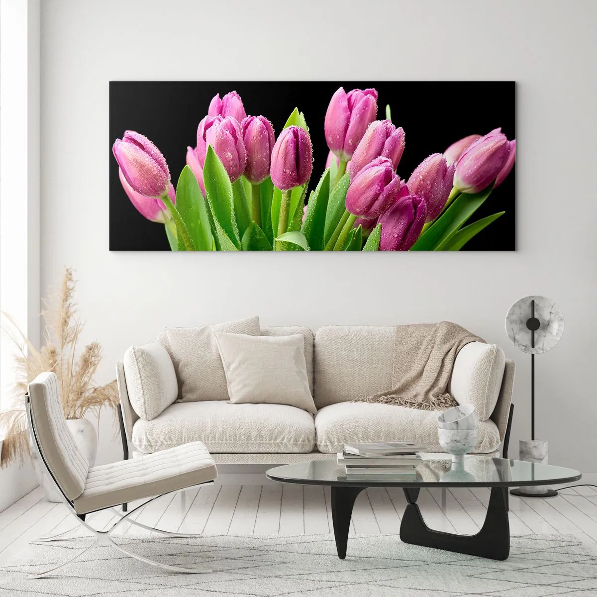 Glasbild - Bild auf glas - Rosa Tulpen mit Tautropfen auf schwarzem Hintergrund - 120x50cm - Lila Frühlingsfreude - Moderne Wanddekoration für Wohnzimmer und Schlafzimmer ARTTOR