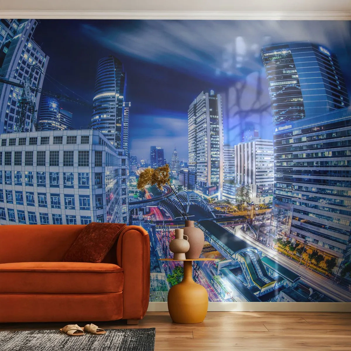 Fototapete Premium Sand - Eine moderne Stadt bei Nacht mit dynamischer Architektur - 100x70cm - Rhythmen der Nachtstadt - Moderne Wanddekoration für Wohnzimmer und Schlafzimmer ARTTOR