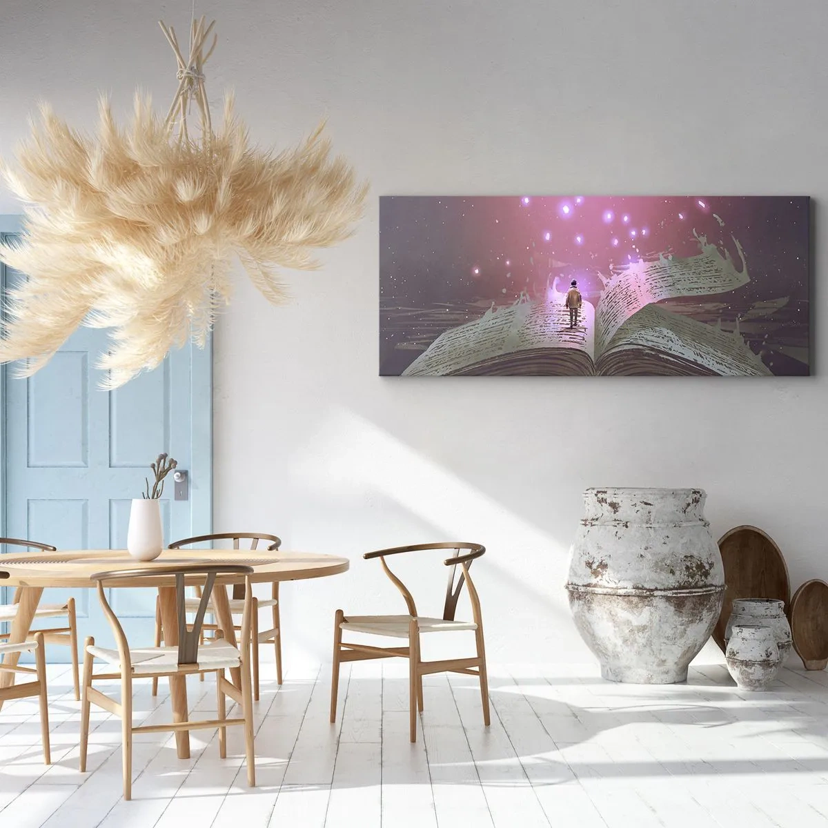 Bild auf Leinwand - Leinwandbild - Eine Figur tritt in einem magischen Licht auf ein offenes Buch. - 120x50cm - Einladung in eine andere Welt - lesen Sie! - Moderne Wanddekoration für Wohnzimmer und Schlafzimmer ARTTOR