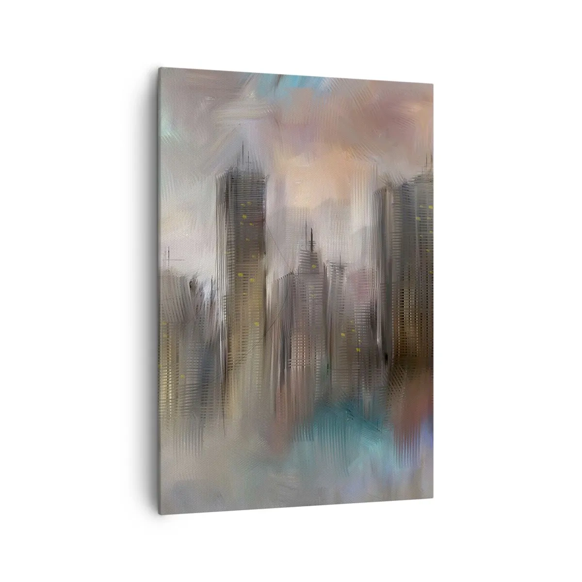 Bild auf Leinwand - Leinwandbild - Eine künstlerische Vision einer Stadtlandschaft mit Wolkenkratzern in Pastellfarben. - 70x100cm - Eine Komposition aus Stahl, Stein und Nebel - Moderne Wanddekoration für Wohnzimmer und Schlafzimmer ARTTOR