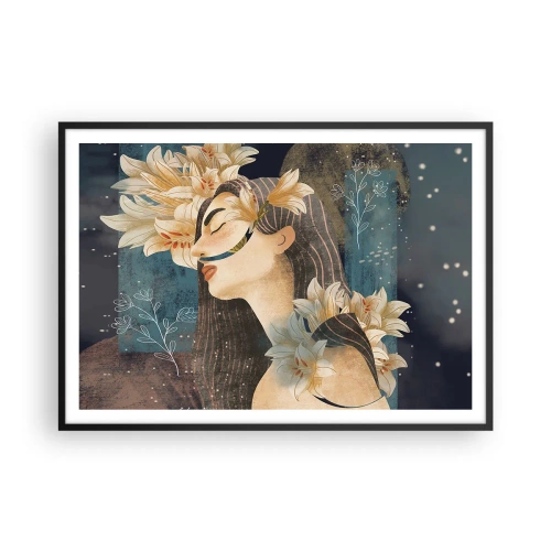 Poster in einem schwarzem Rahmen - Porträt einer Frau mit Blumen im künstlerischen Stil auf dunklem Hintergrund - 100x70cm - Ein Märchen über eine Prinzessin mit Lilien - Moderne Wanddekoration für Wohnzimmer und Schlafzimmer ARTTOR