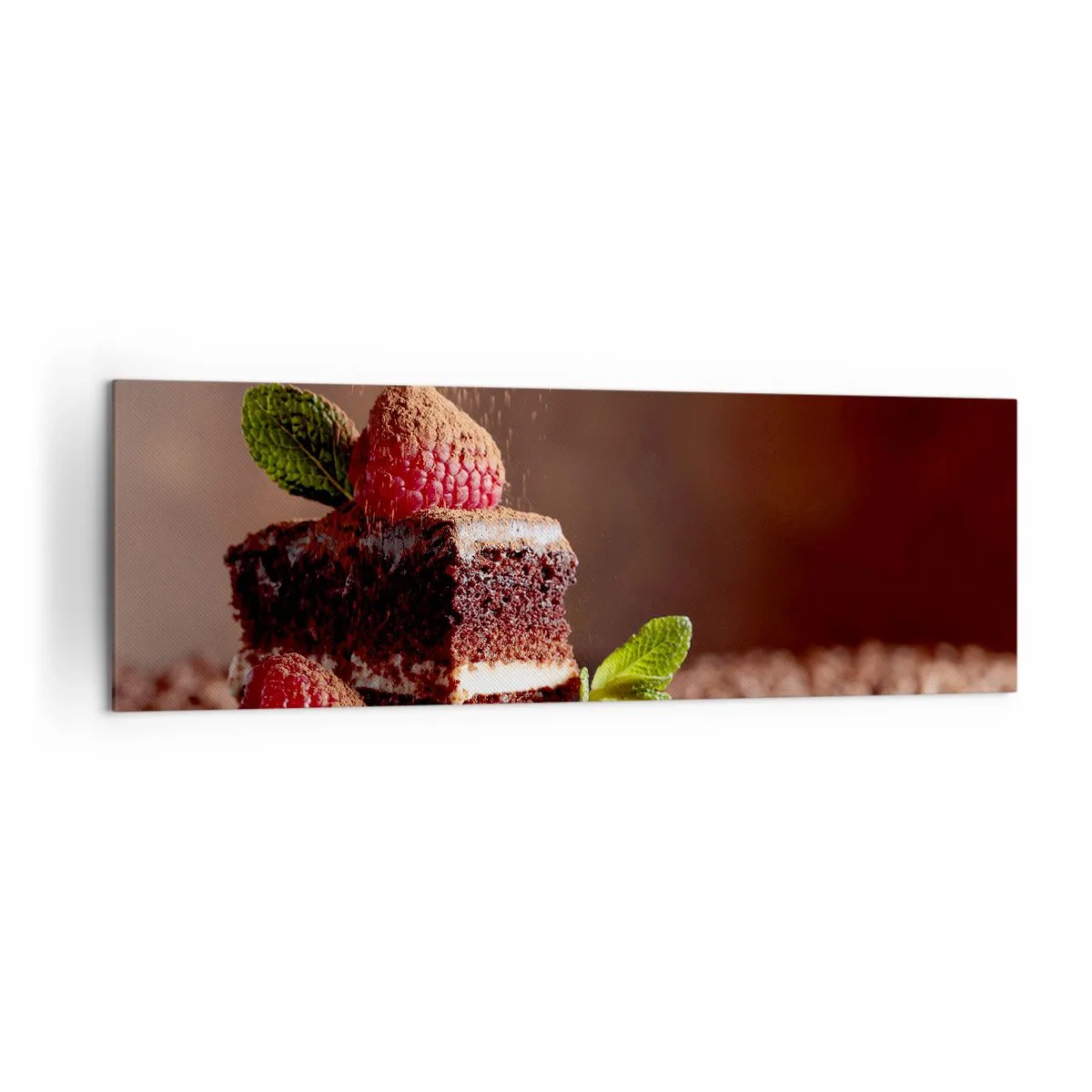 Bild auf Leinwand - Leinwandbild - Schokoladenkuchen mit Himbeeren und Minze auf einem Hintergrund aus Kakaobohnen - 160x50cm - Das Leben ist süß - Moderne Wanddekoration für Wohnzimmer und Schlafzimmer ARTTOR