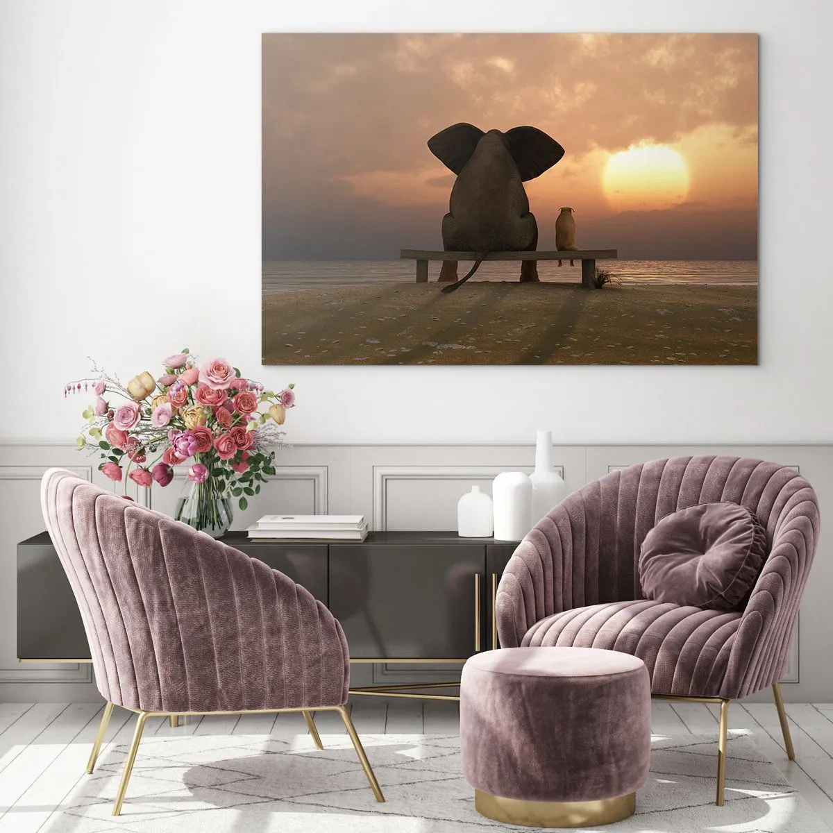Glasbild - Bild auf glas - Elefant und Hund auf einer Bank bei Sonnenuntergang - 100x70cm - Es tut gut zusammen zu schweigen - Moderne Wanddekoration für Wohnzimmer und Schlafzimmer ARTTOR