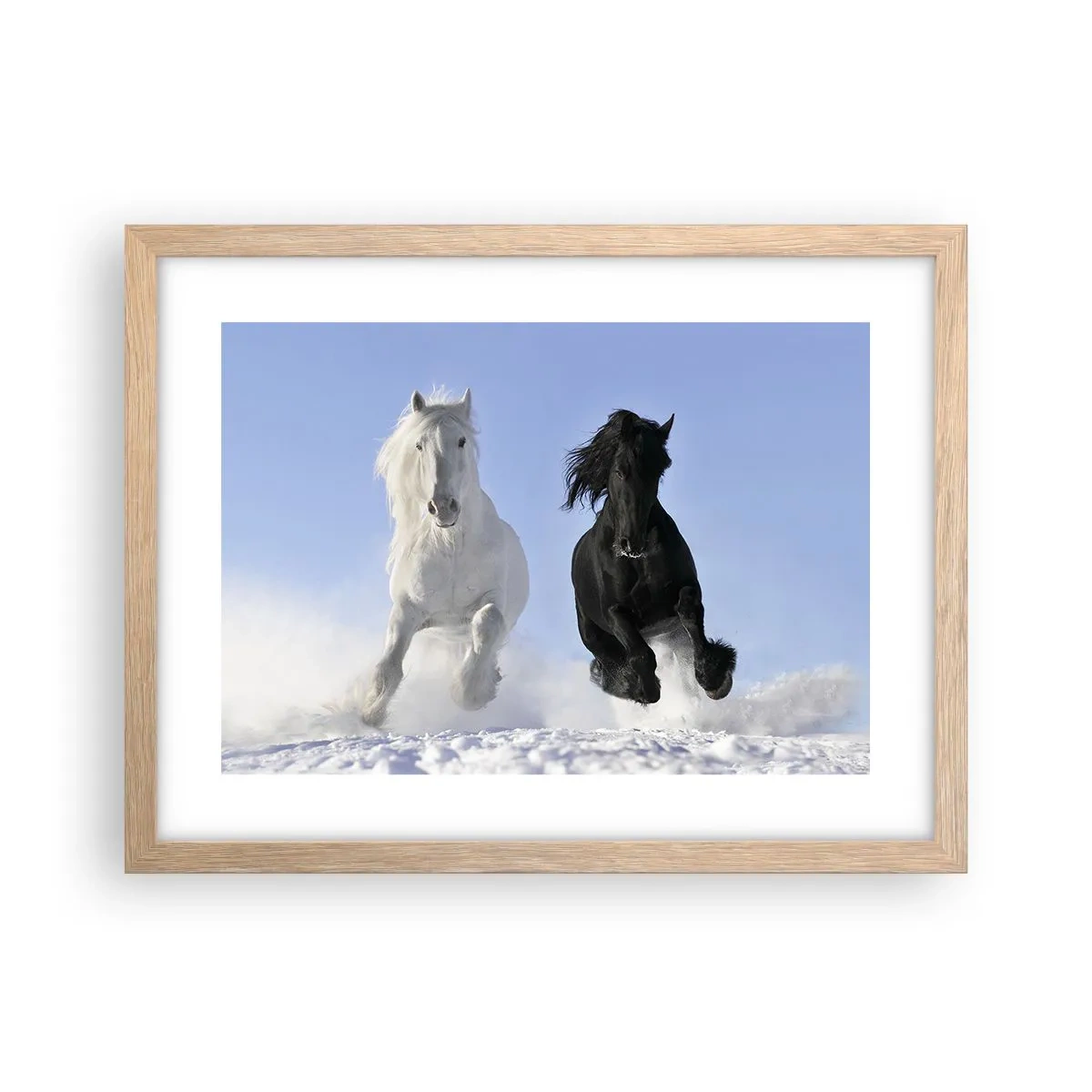 Poster in einem Rahmen aus heller Eiche - Schwarz-Weiß-Galopp - 40x30 cm