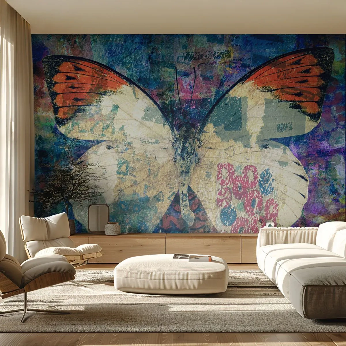 Fototapete Premium Canvas - Schmetterling in einem abstrakten künstlerischen Hintergrund mit bunten Details - 100x70cm - Subtile Zerbrechlichkeit - Moderne Wanddekoration für Wohnzimmer und Schlafzimmer ARTTOR