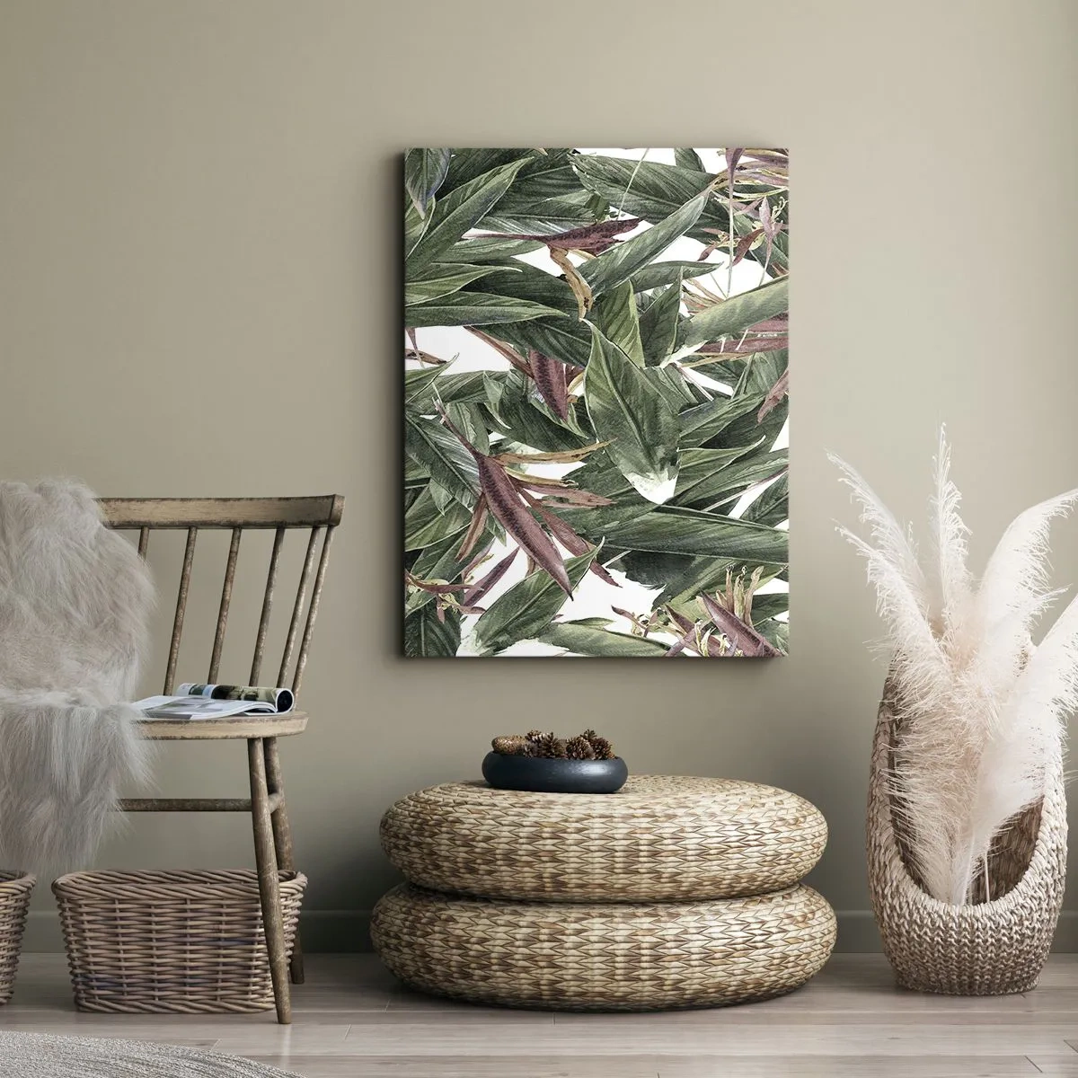 Bild auf Leinwand - Leinwandbild - Ein dekoratives Blattmotiv in Grün- und Burgundertönen auf hellem Hintergrund - 70x100cm - Smaragd-lila Dickicht - Moderne Wanddekoration für Wohnzimmer und Schlafzimmer ARTTOR