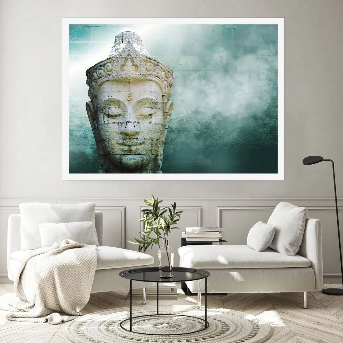 Poster - Buddha-Statue mit sanftem Nebel vor grünem Hintergrund - 100x70cm - Auf der Suche nach dem Licht - Moderne Wanddekoration für Wohnzimmer und Schlafzimmer ARTTOR