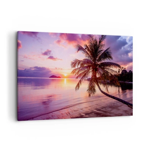 Bild auf Leinwand - Leinwandbild - Tropischer Strand mit Palmen bei Sonnenuntergang - 120x80cm - Behaglichkeit bis zum Horizont - Moderne Wanddekoration für Wohnzimmer und Schlafzimmer ARTTOR