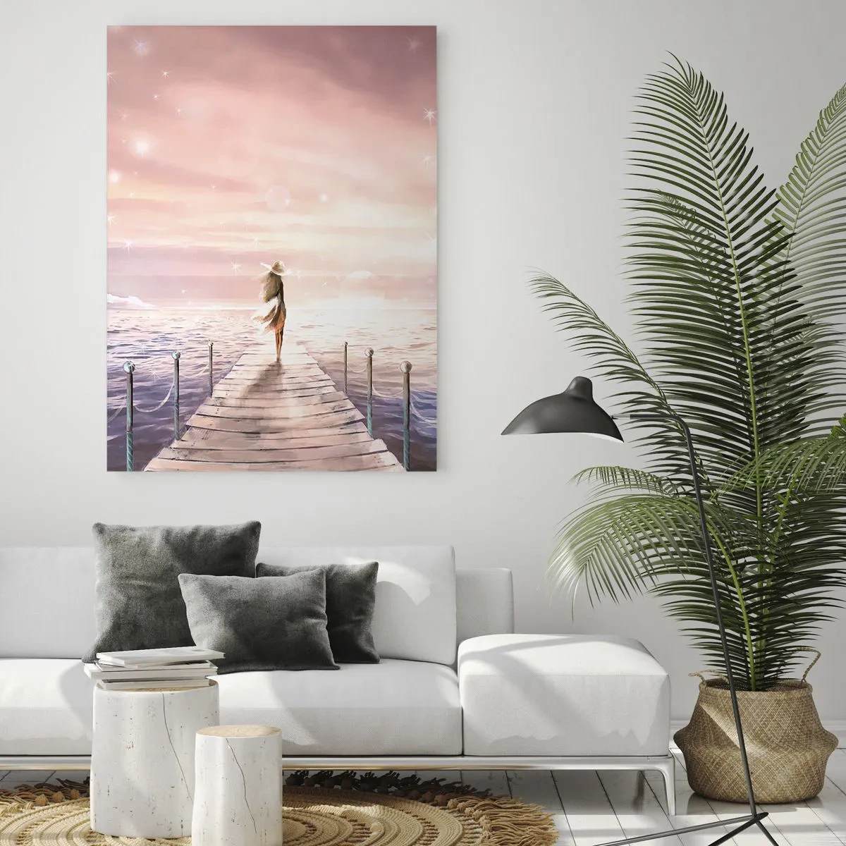 Glasbild - Bild auf glas - Frau auf dem Pier bei Sonnenuntergang - 50x70cm - Im Licht eines Traums - Moderne Wanddekoration für Wohnzimmer und Schlafzimmer ARTTOR