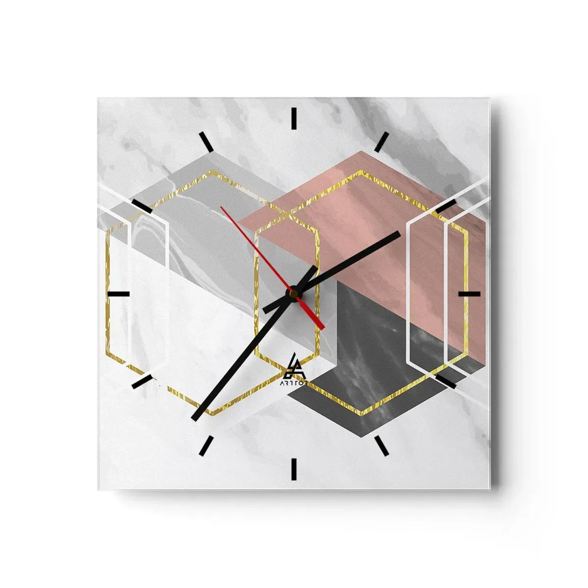 Wanduhr - Glasuhr - Geometrische Figuren mit Gold- und Marmorakzenten - 30x30cm - Kettenkomposition - Moderne Wanddekoration für Wohnzimmer und Schlafzimmer ARTTOR