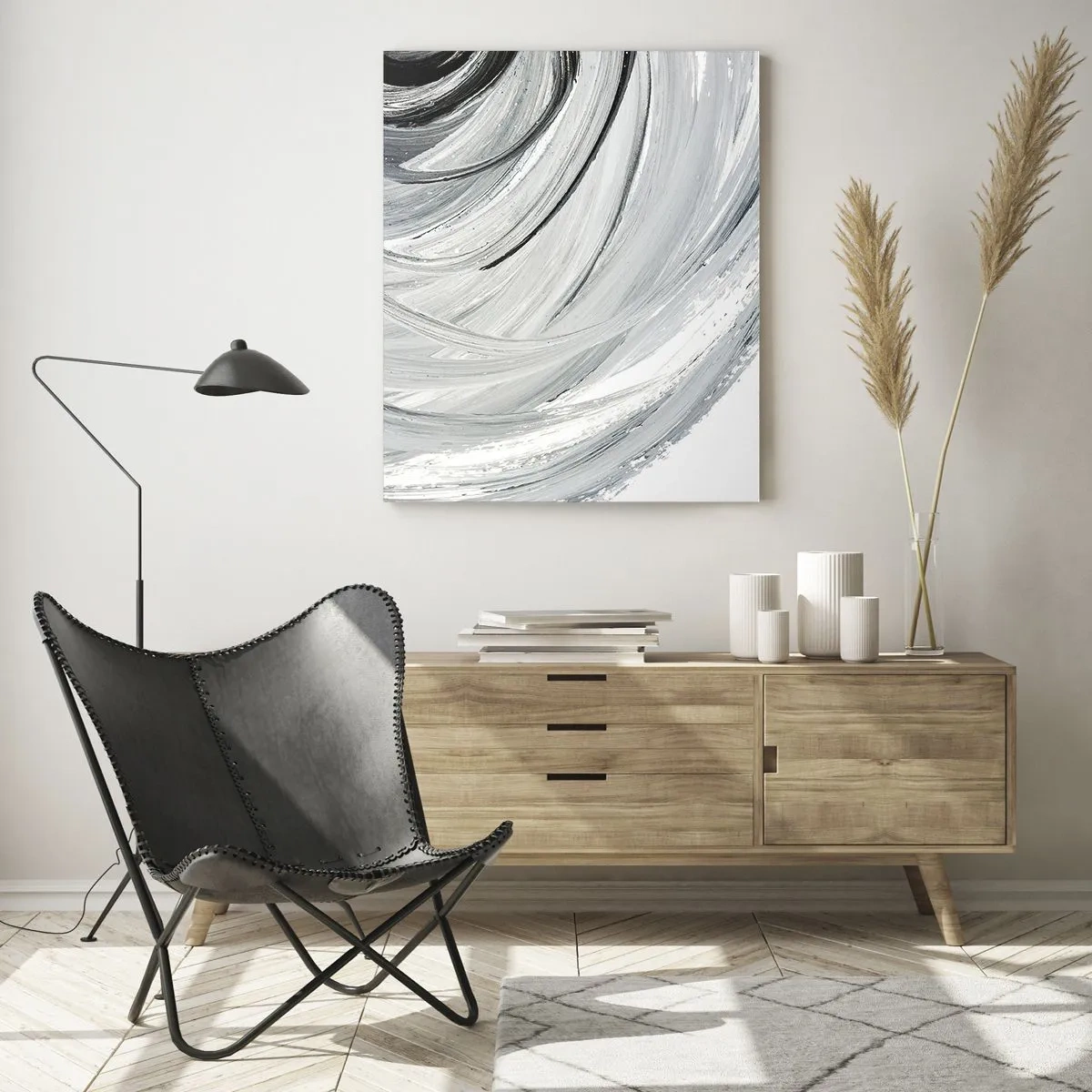 Glasbild - Bild auf glas - Ein monochromer Wirbel in Grau- und Schwarztönen - 80x120cm - Orbitale Komposition - Moderne Wanddekoration für Wohnzimmer und Schlafzimmer ARTTOR