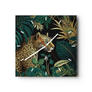 Wanduhr - Glasuhr - Leopard in tropischen Blättern auf schwarzem Hintergrund - 30x30cm - Gastgeber im Dschungel - Moderne Wanddekoration für Wohnzimmer und Schlafzimmer ARTTOR