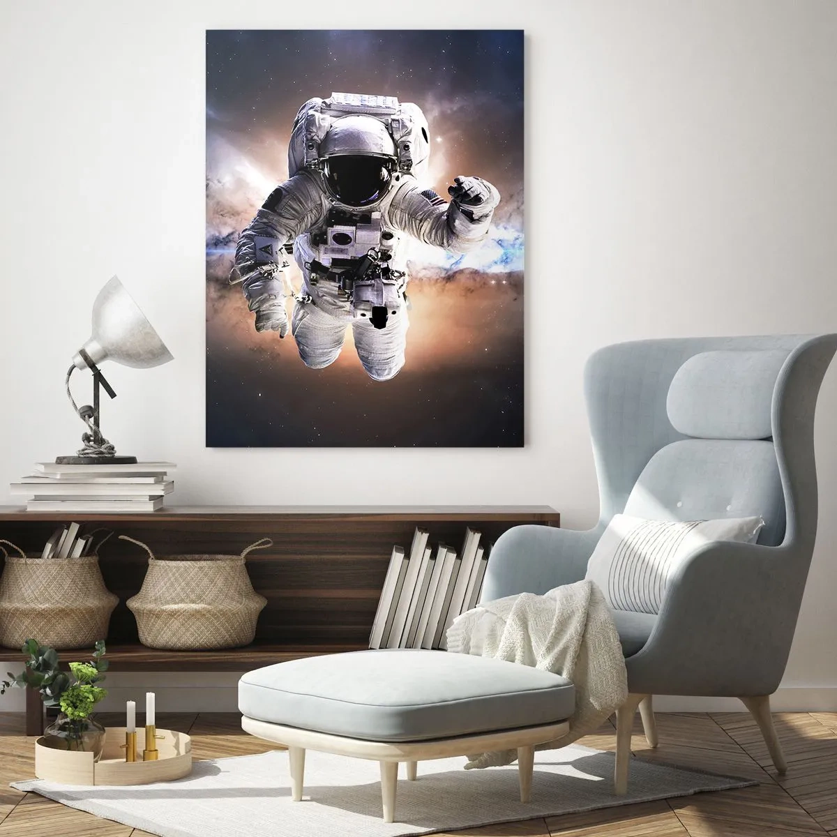 Glasbild - Bild auf glas - Astronaut im Weltraum mit einer Galaxie im Hintergrund - 50x70cm - Grüße aus dem Weltall - Moderne Wanddekoration für Wohnzimmer und Schlafzimmer ARTTOR