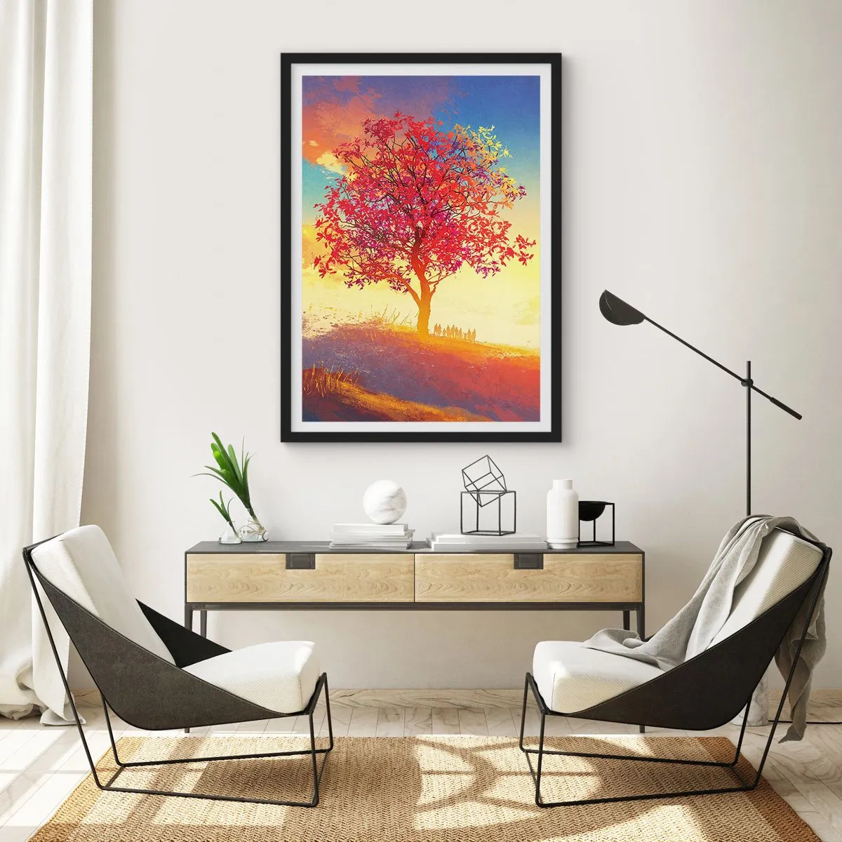 Poster in einem schwarzem Rahmen - Ein Baum mit roten Blättern vor dem Hintergrund der untergehenden Sonne - 50x70cm - Pilger am Ziel - Moderne Wanddekoration für Wohnzimmer und Schlafzimmer ARTTOR