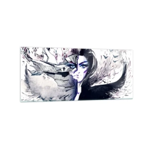 Glasbild - Bild auf glas - Abstraktes Gesicht mit kontrastierenden Elementen und einem Flügelmotiv - 120x50cm - Dämonisch und schön - Moderne Wanddekoration für Wohnzimmer und Schlafzimmer ARTTOR