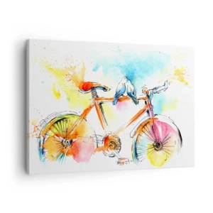 Bild auf Leinwand - Leinwandbild - Buntes Aquarell eines Fahrrads mit darauf sitzenden Vögeln - 70x50cm - Fahrrad für zwei - Moderne Wanddekoration für Wohnzimmer und Schlafzimmer ARTTOR