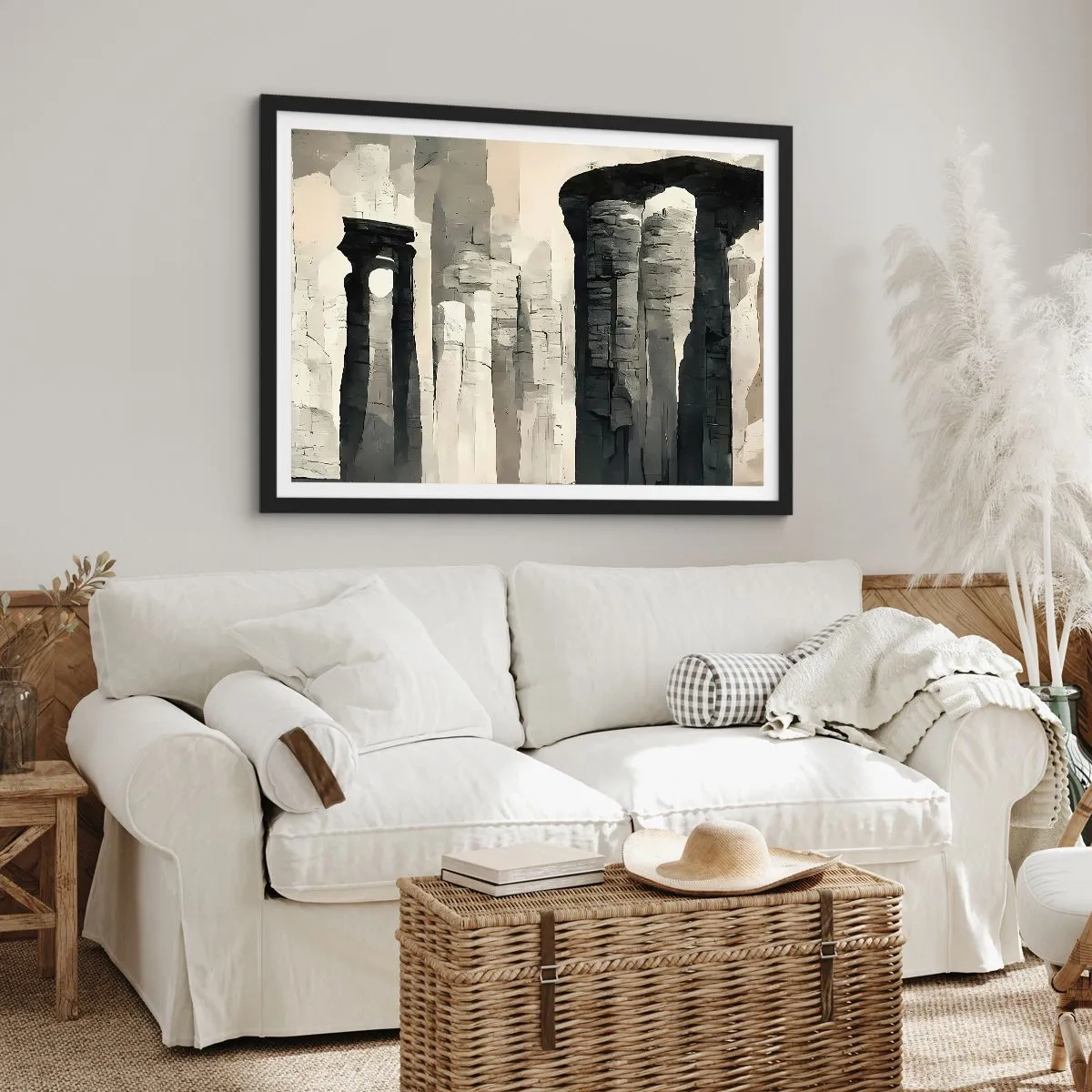 Poster in einem schwarzem Rahmen - Historische Säulen in stimmungsvoller monochromer Umgebung - 70x50cm - Majestät der Antike - Moderne Wanddekoration für Wohnzimmer und Schlafzimmer ARTTOR
