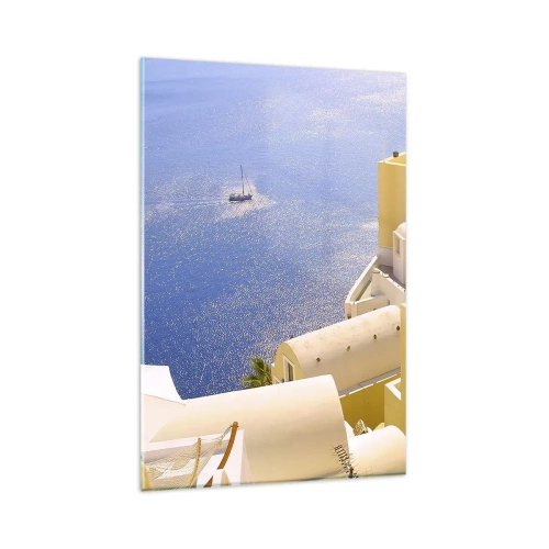 Glasbild - Bild auf glas - Griechische Architektur mit Meerblick und einem Boot im Hintergrund - 80x120cm - Griechische Landschaft in Weiß und Blau - Moderne Wanddekoration für Wohnzimmer und Schlafzimmer ARTTOR